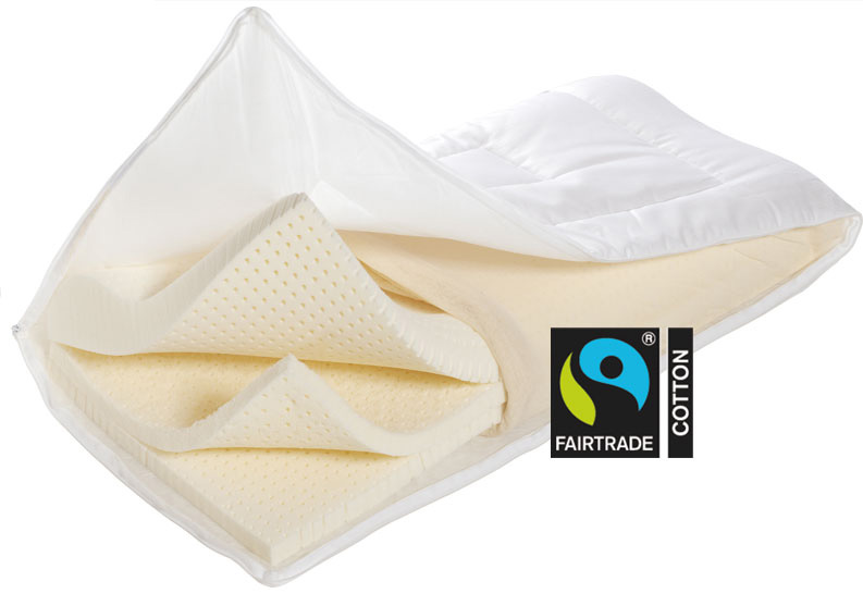 This pillow has a form latex core two extra removable latex pads (2 cm each), the outer fabric is cotton-satin with aloe vera. The cover for the filling is made of 100 % lyocell (Tencel).